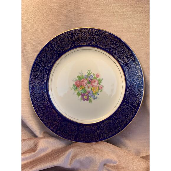 Vintage Blue Homer Laughlin 22k Gold Filagree Plate Floral Pattern D40N5 11" - Picture 1 of 11